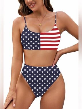 Patriotic Stars & Stripes High-Waist Bikini - Red White Blue